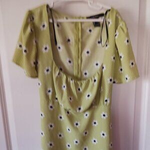 EUC Womens Forever 21 Lime Green Floral Dress Summer Puff Sleeves  218